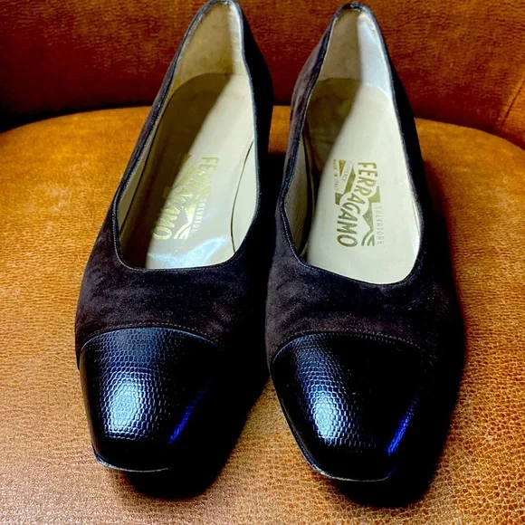 Salvatore Ferragamo Narrow Brown Suede Black Cap Toe Heels Pumps 10AA - Picture 3 of 8